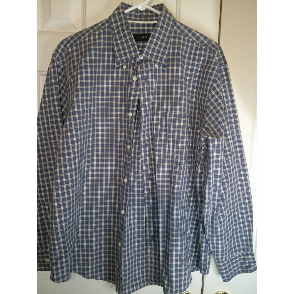 IZOD Jeans Plaid Button Down Shirt Long Sleeve Collared Menswear Blue Large